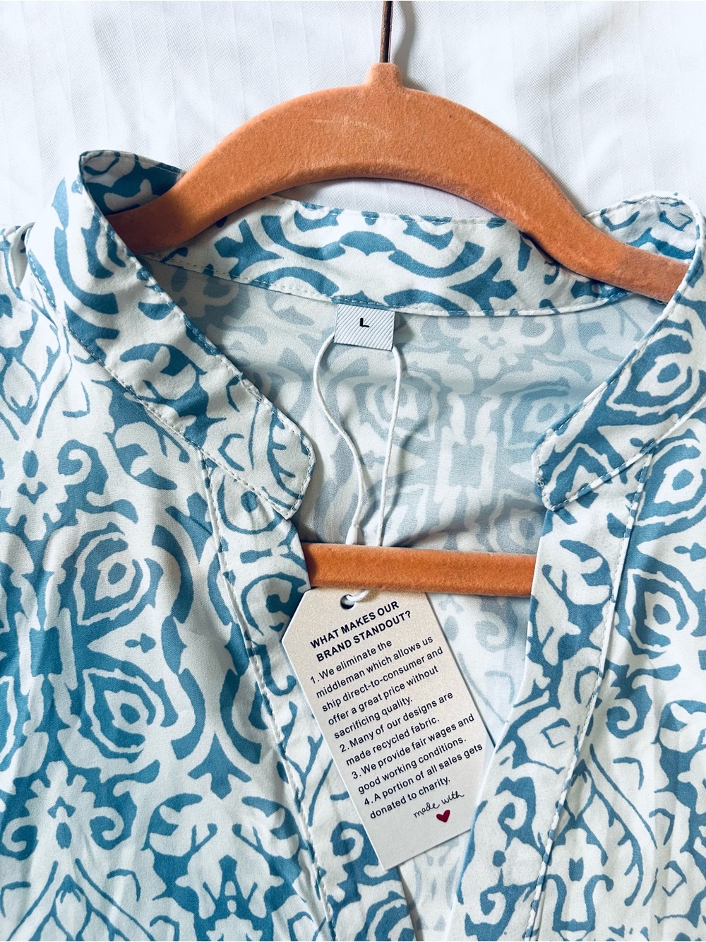 MAKE OFFER - Light Blue and White Printed V-Neck Dress, Ruffle Sleeves, size L - Picture 3 of 5